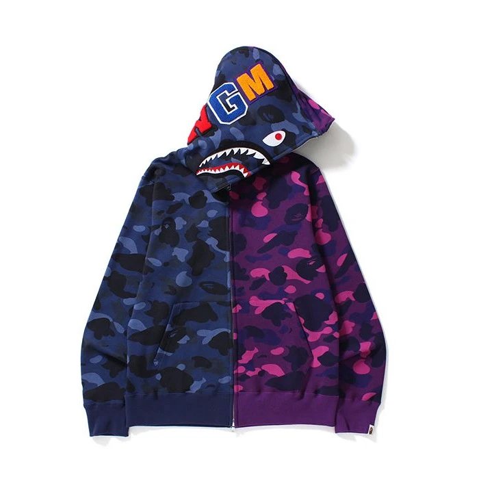 Navy and Purple Split Camo Split Camo Shark Zip Hoodie by Bape with a two-tone camouflage body