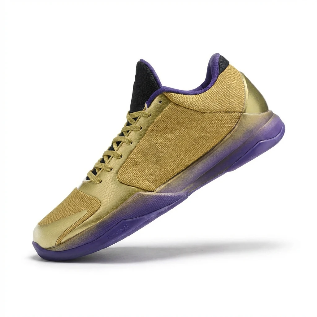 Nike basketball shoes, fashion, gold and purple.