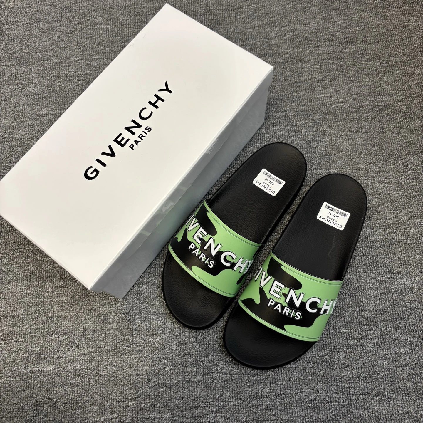 Givenchy Letter Print Trendy Style Green & Black Slides