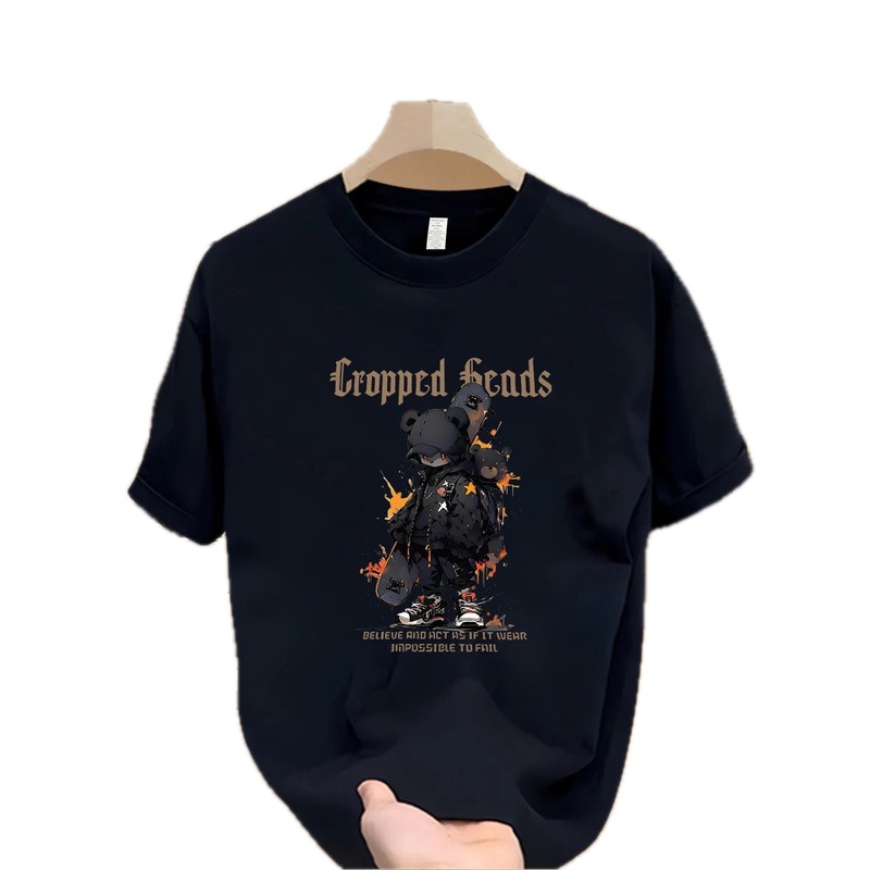 Cropped Skate Bear Street Style Navy Short Sleeve T-Shirt