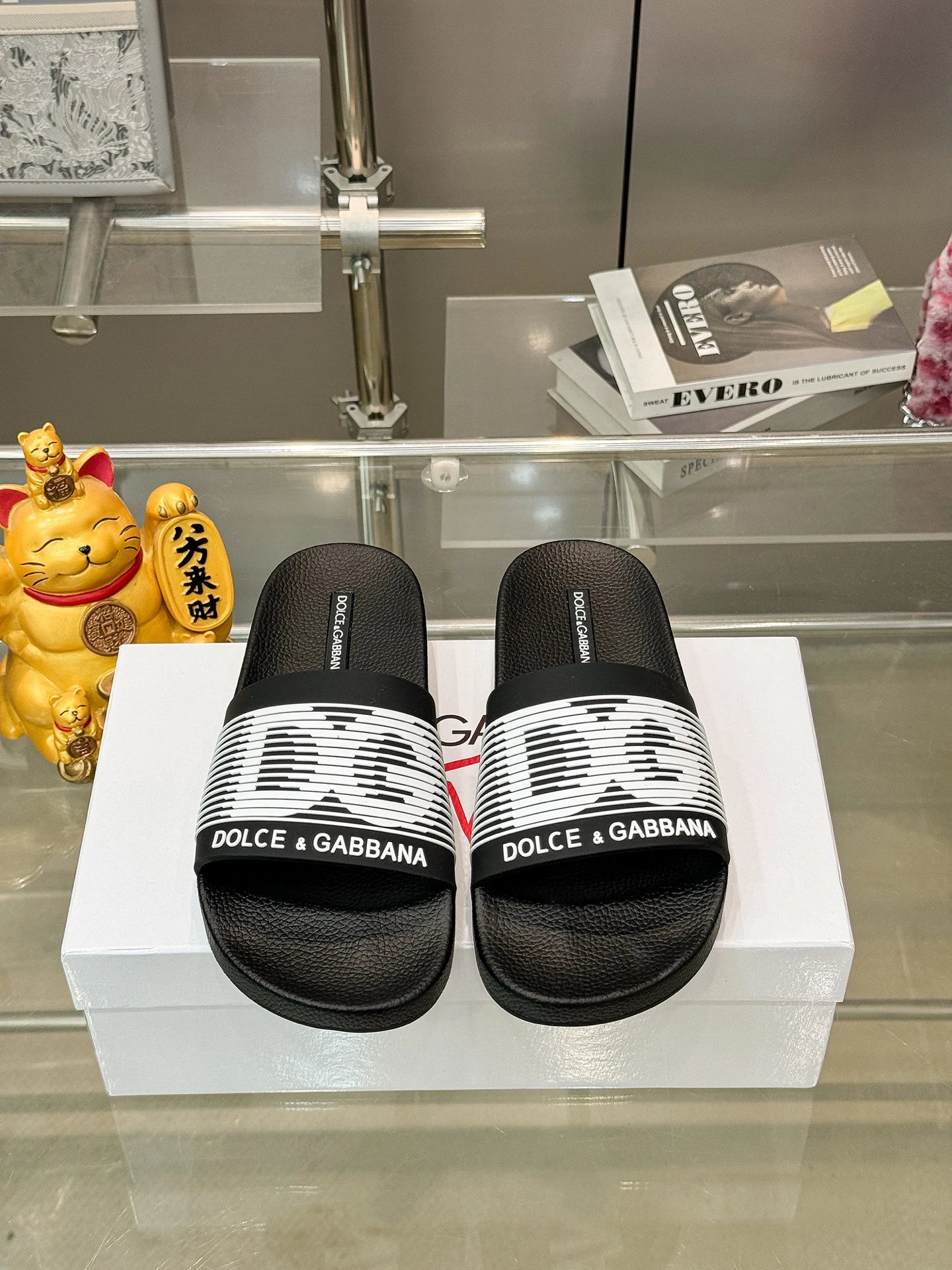 Dolce & Gabbana DG Black and White Striped Casual Slippers
