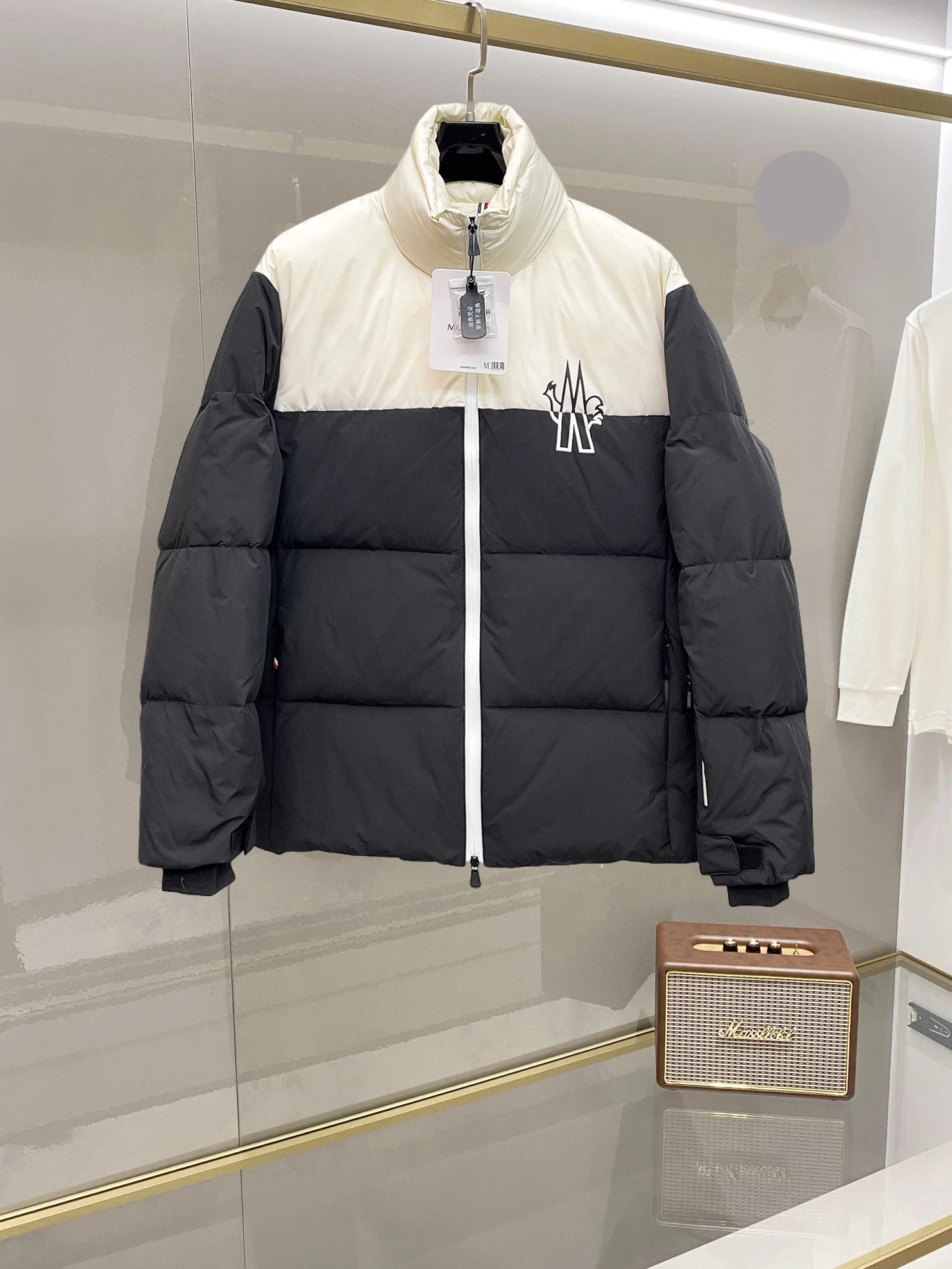 Black Cream Colorblock Puffer Jacket with The North Face Colorblock Stand Collar