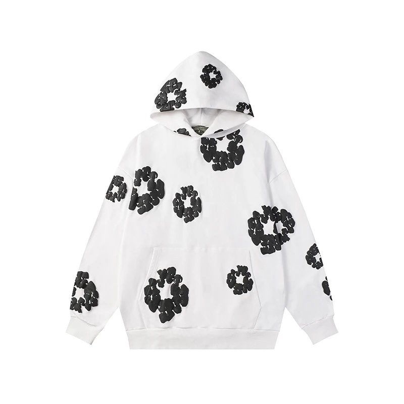 White Hoodie with Black Flower Pattern