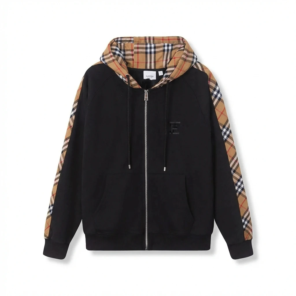 Burberry checkered pattern spliced black hoodie