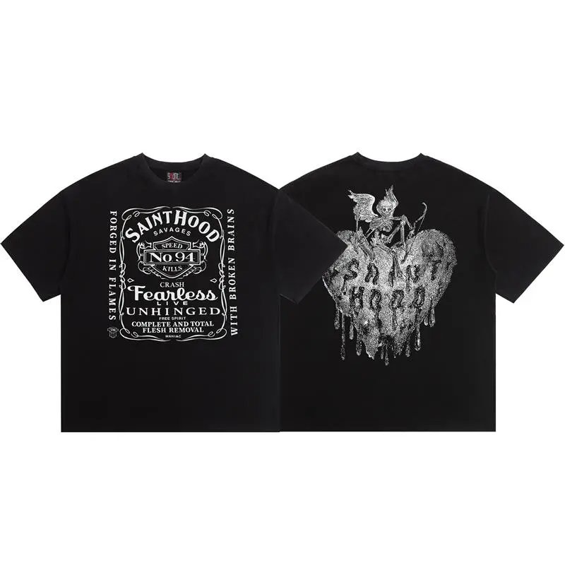 SAINTHOOD Skeleton Print Street Style Black T-Shirt