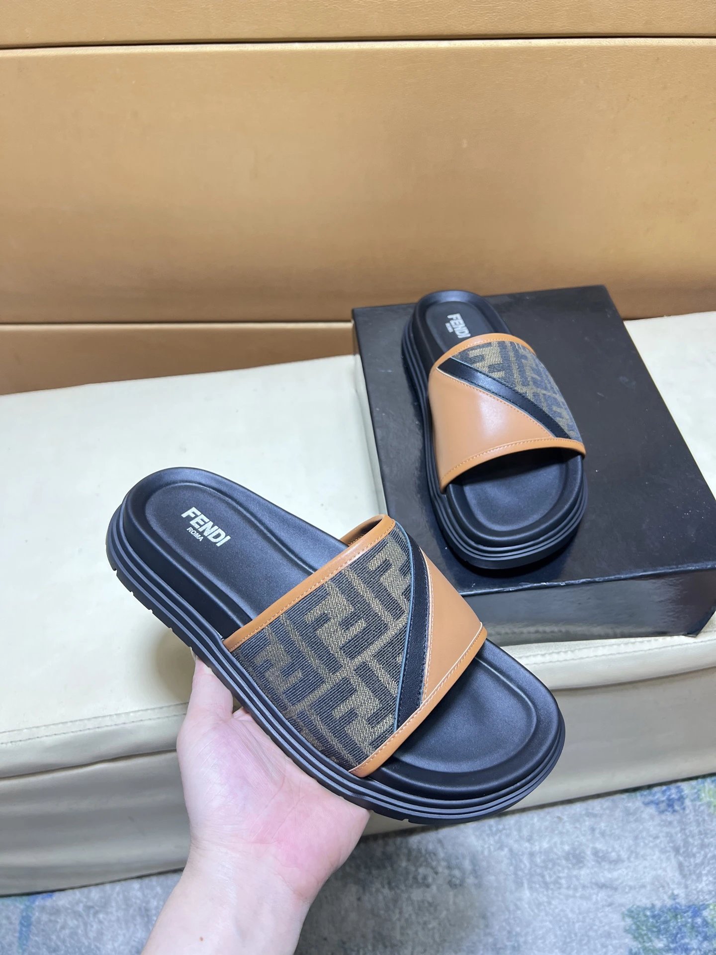 Fendi FF Monogram Vintage Style Color-block Slide Sandals