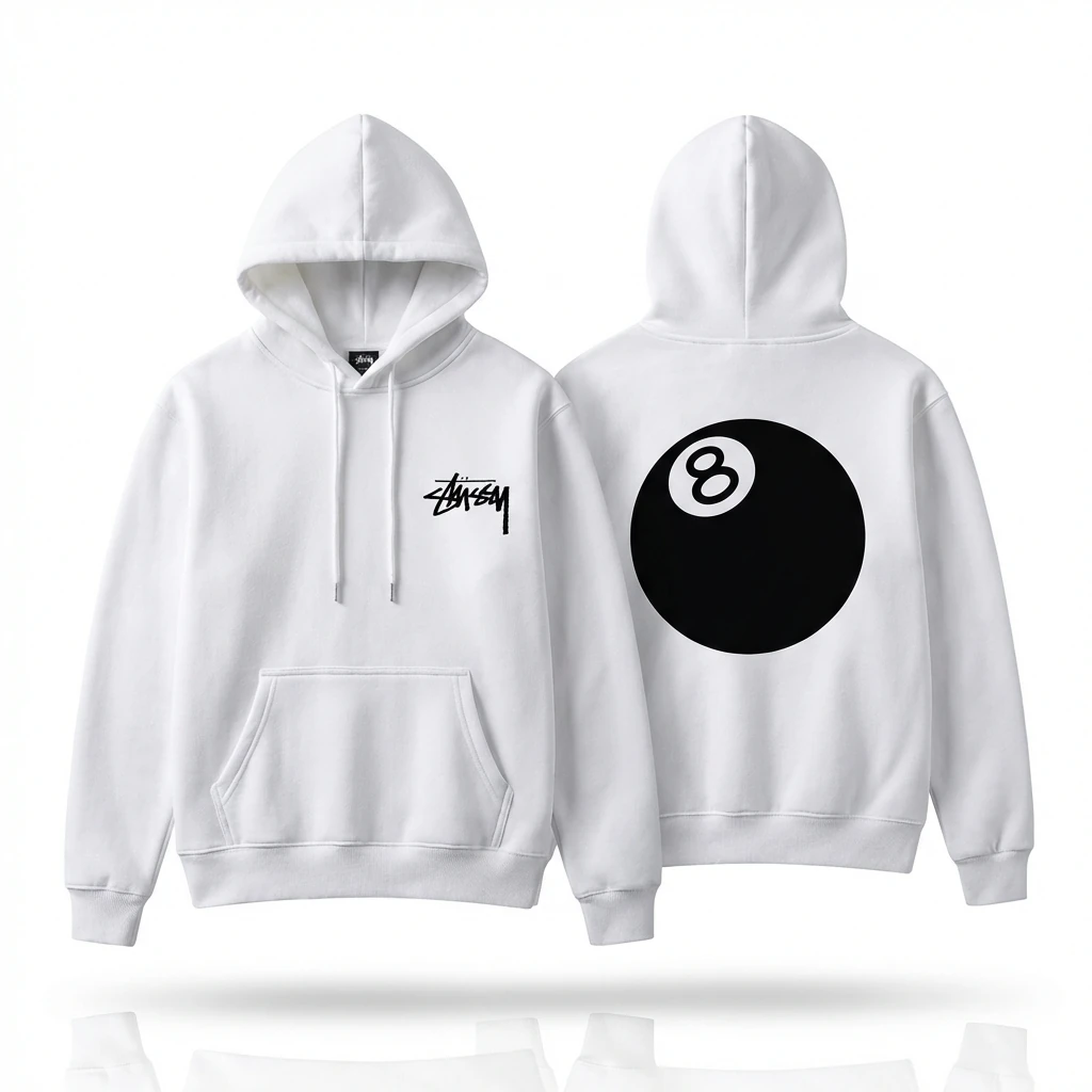 Stussy No.8 Ball Style White Hoodie