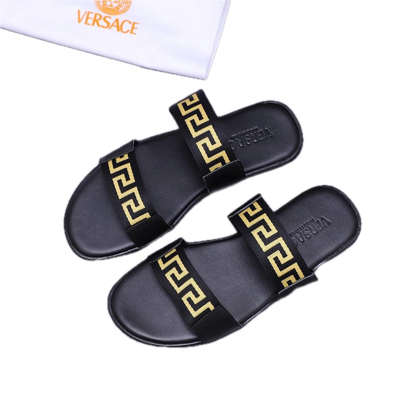 Versace Greek Key Light Luxury Black & Gold Slide Slippers