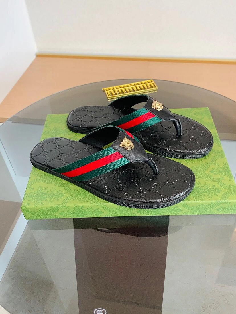 Gucci Tiger Head Webbing Light Luxury Style Black Flip-Flops
