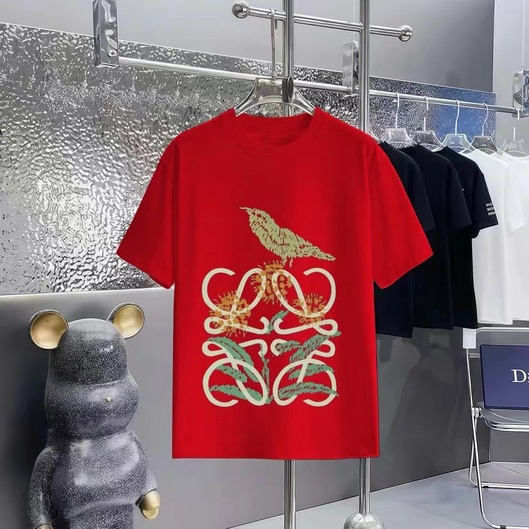 LOEWE Bird and Flower Print Light Luxury Style Red Short-sleeve T-shirt