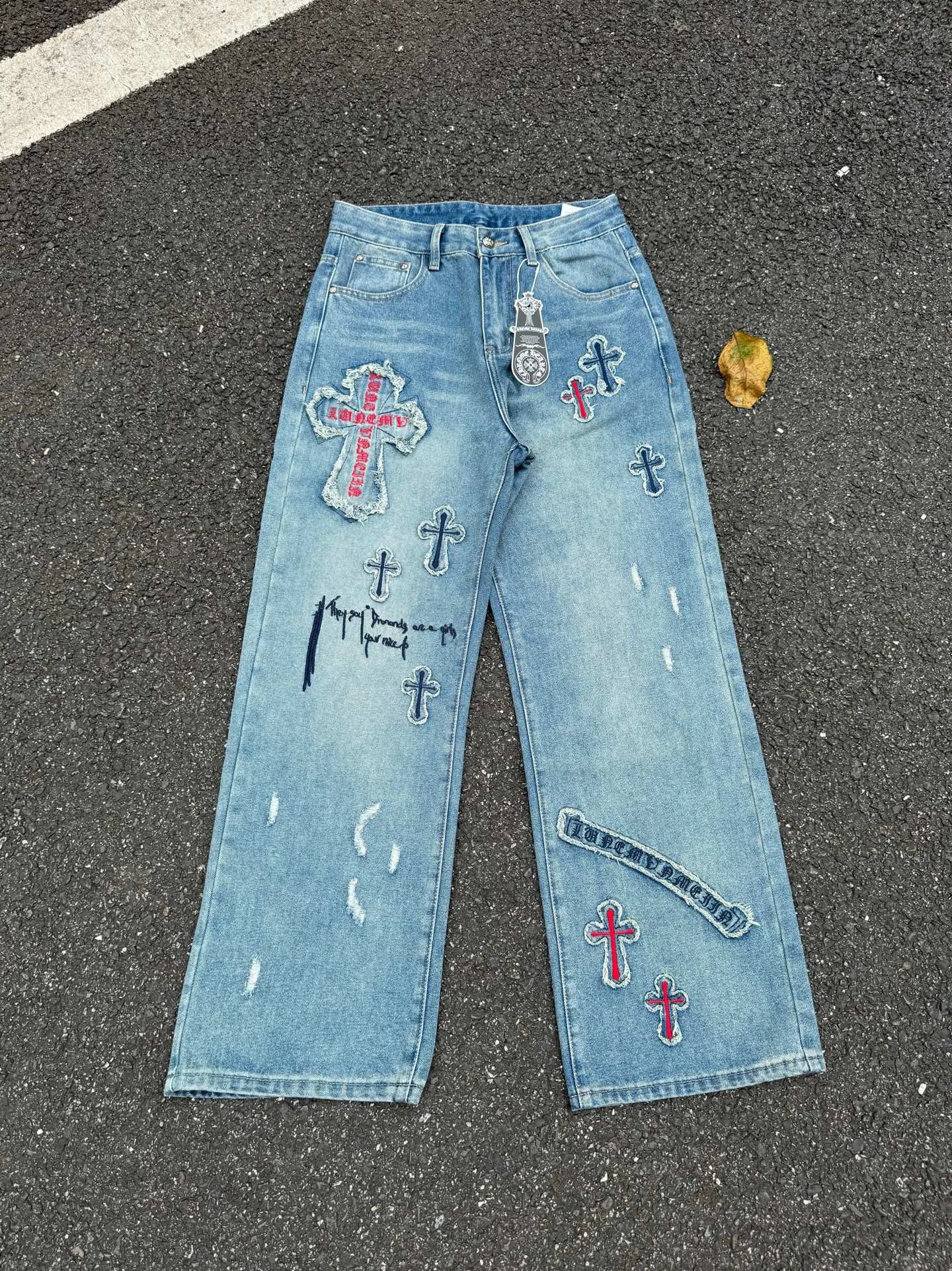 Casual Chrome Hearts Cross Graphic Jeans - Light Blue