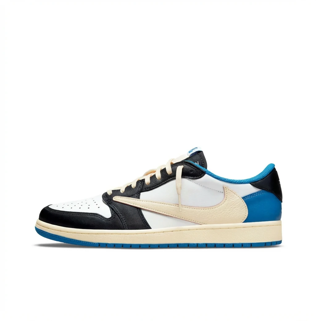 Trendy black, white and blue Air Jordan 1 sneakers.