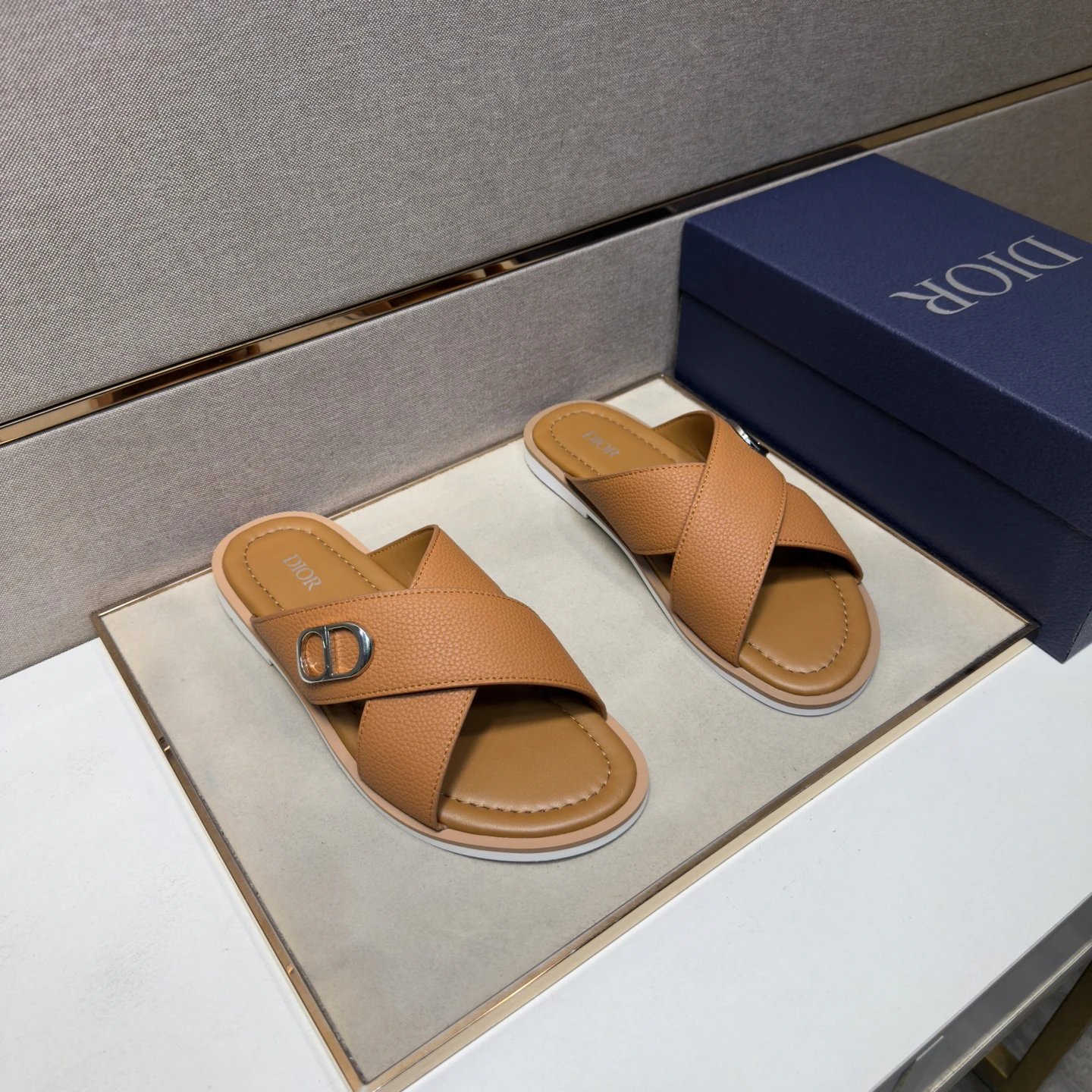 Dior Cross-Strap Casual Caramel Slides