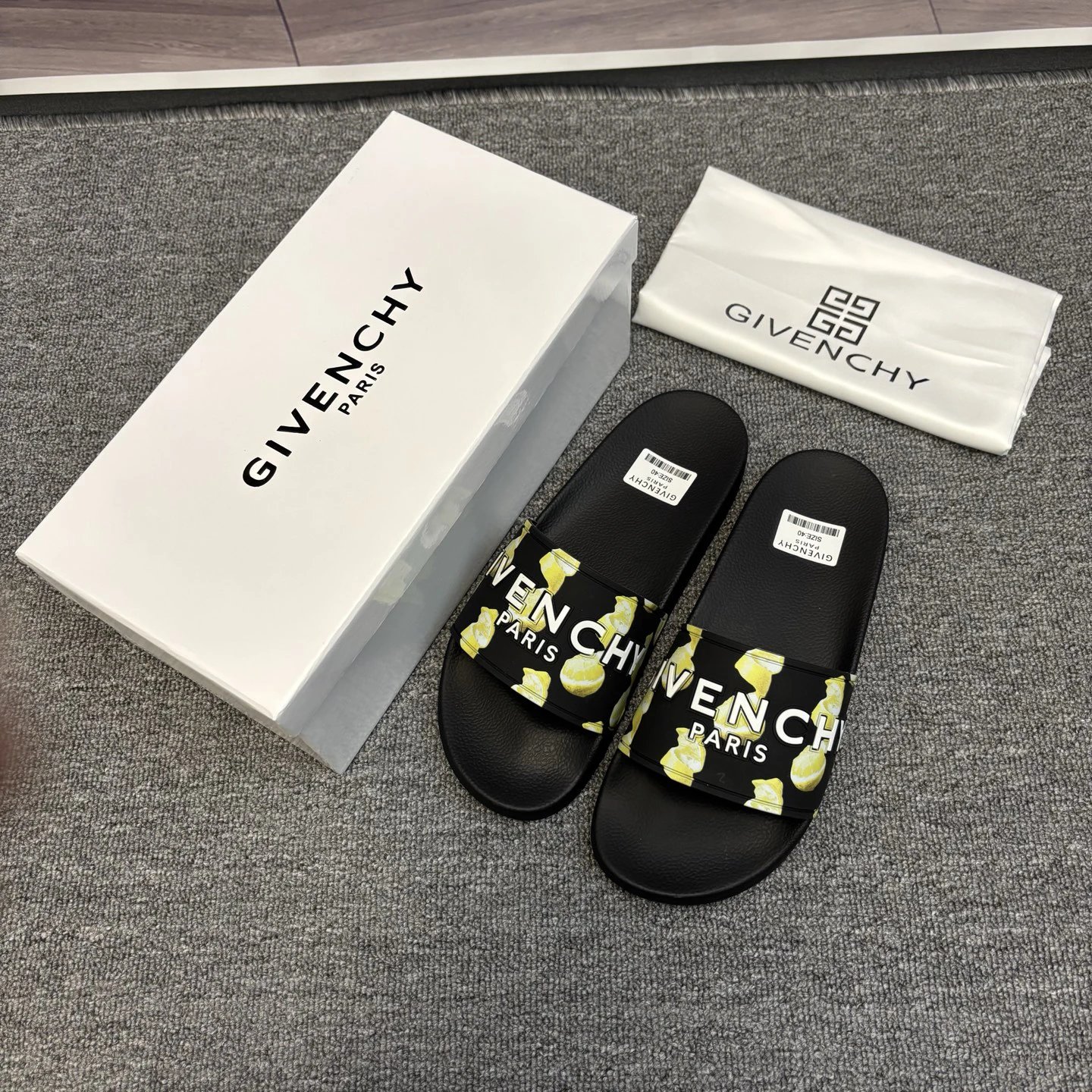 Givenchy Streetwear Letter Print Black and Yellow Slide Sandal