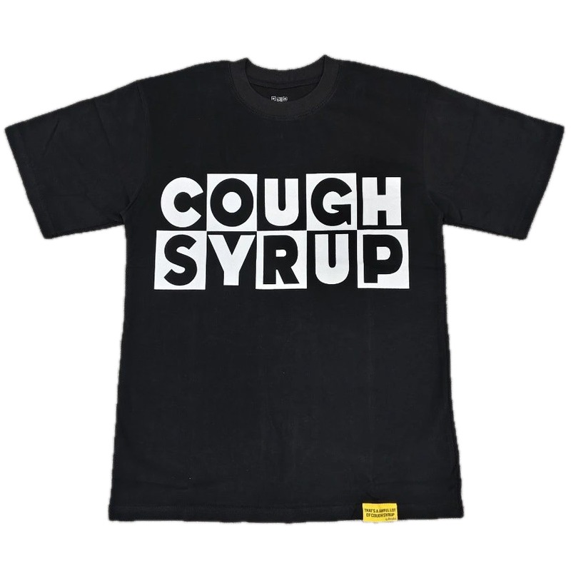 Black street-style short-sleeve T-shirt with COUGH SYRUP print