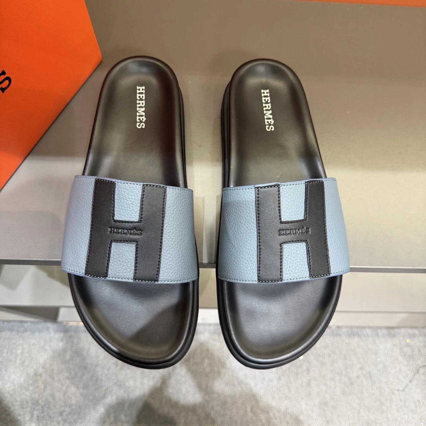 Hermès H Collection Minimalist Style Dusty Blue Slides