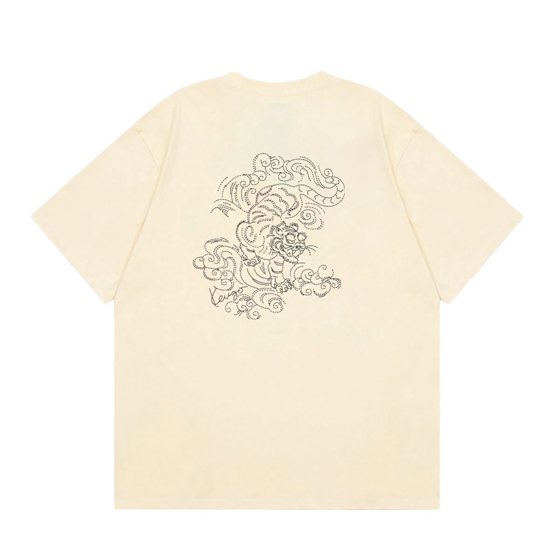 KENZO Auspicious Cloud Tiger Embroidery Chinese Style Beige Apricot Short Sleeve T-Shirt