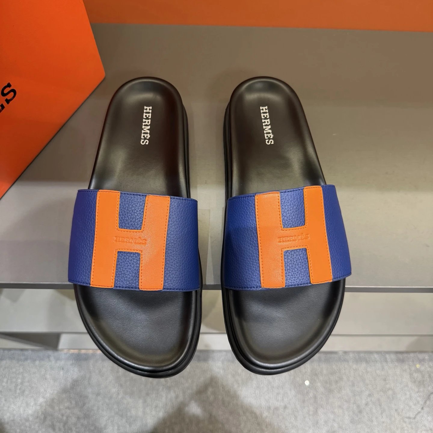 Hermès H Series Minimalist Style Blue and Orange Colorblock Slide Sandals