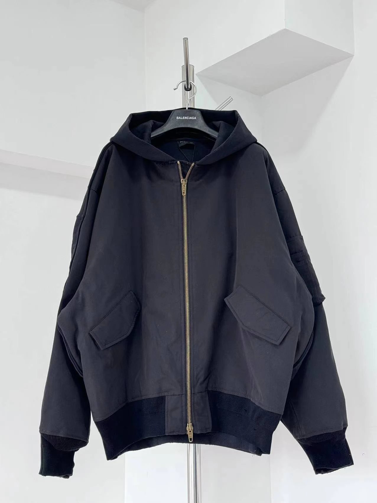 Navy Hooded Bomber Jacket for layering