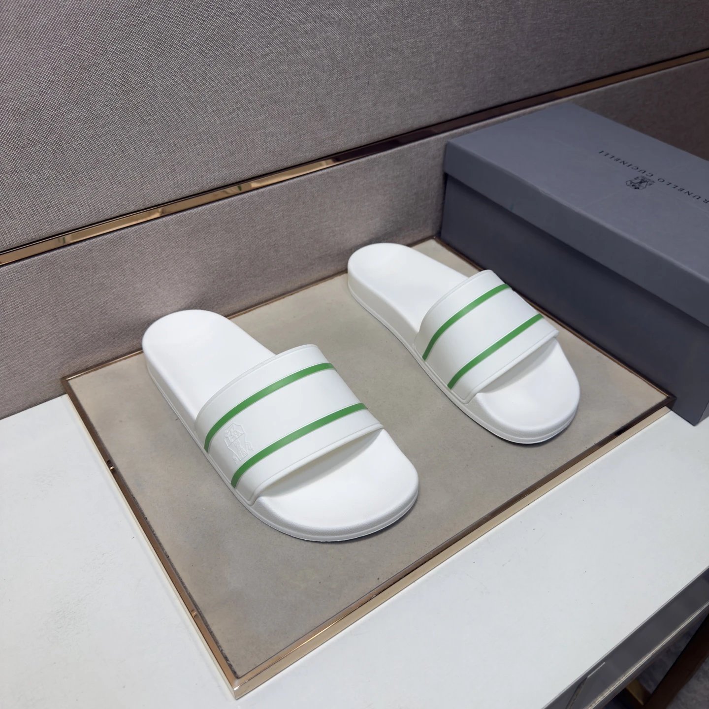 Brunello Cucinelli Casual-style White and Green Striped Slippers