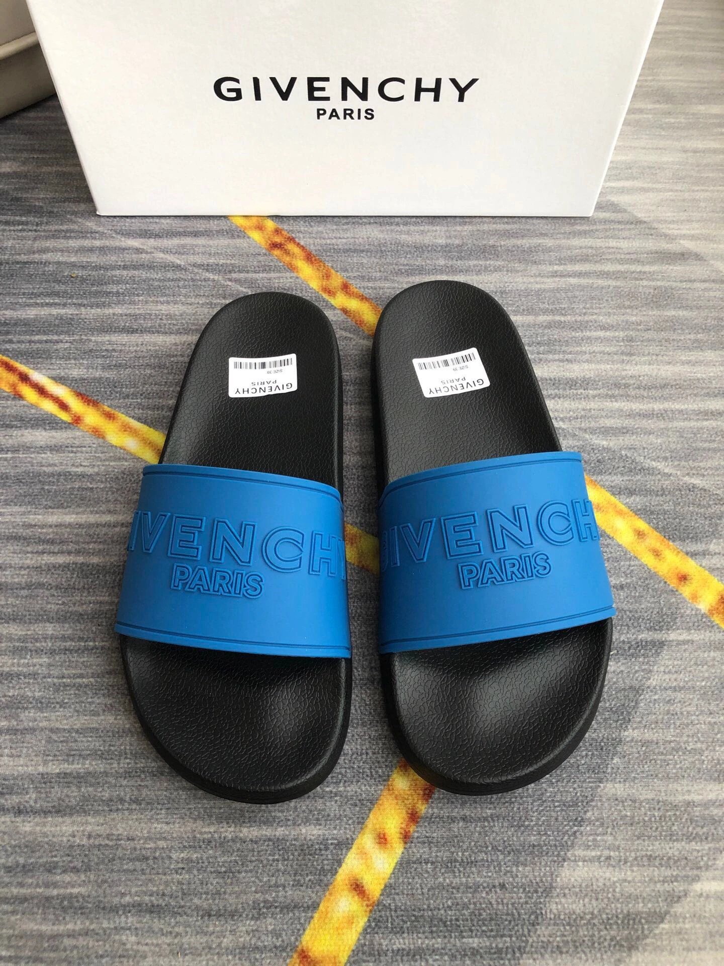 Givenchy Classic Embossed Edgy Blue & Black One-Strap Slide Sandals
