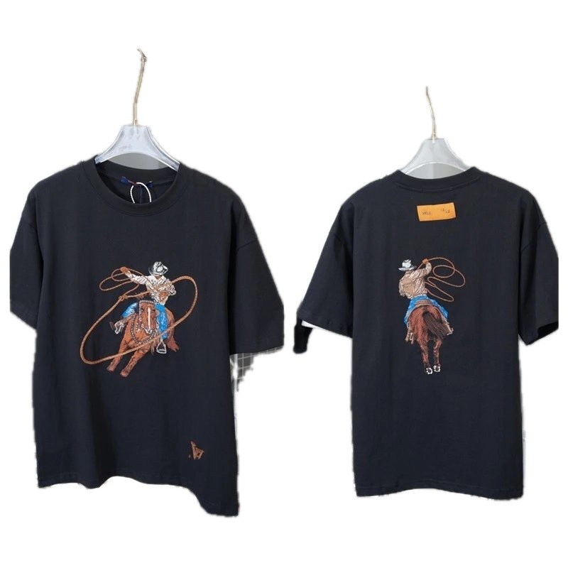 Louis Vuitton Vintage-style Black T-shirt with Denim Embroidery