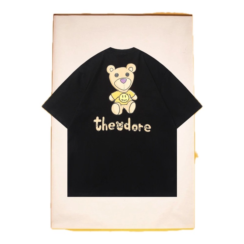 DREW Bear Print Streetwear Brand Black Short Sleeve T-shirt