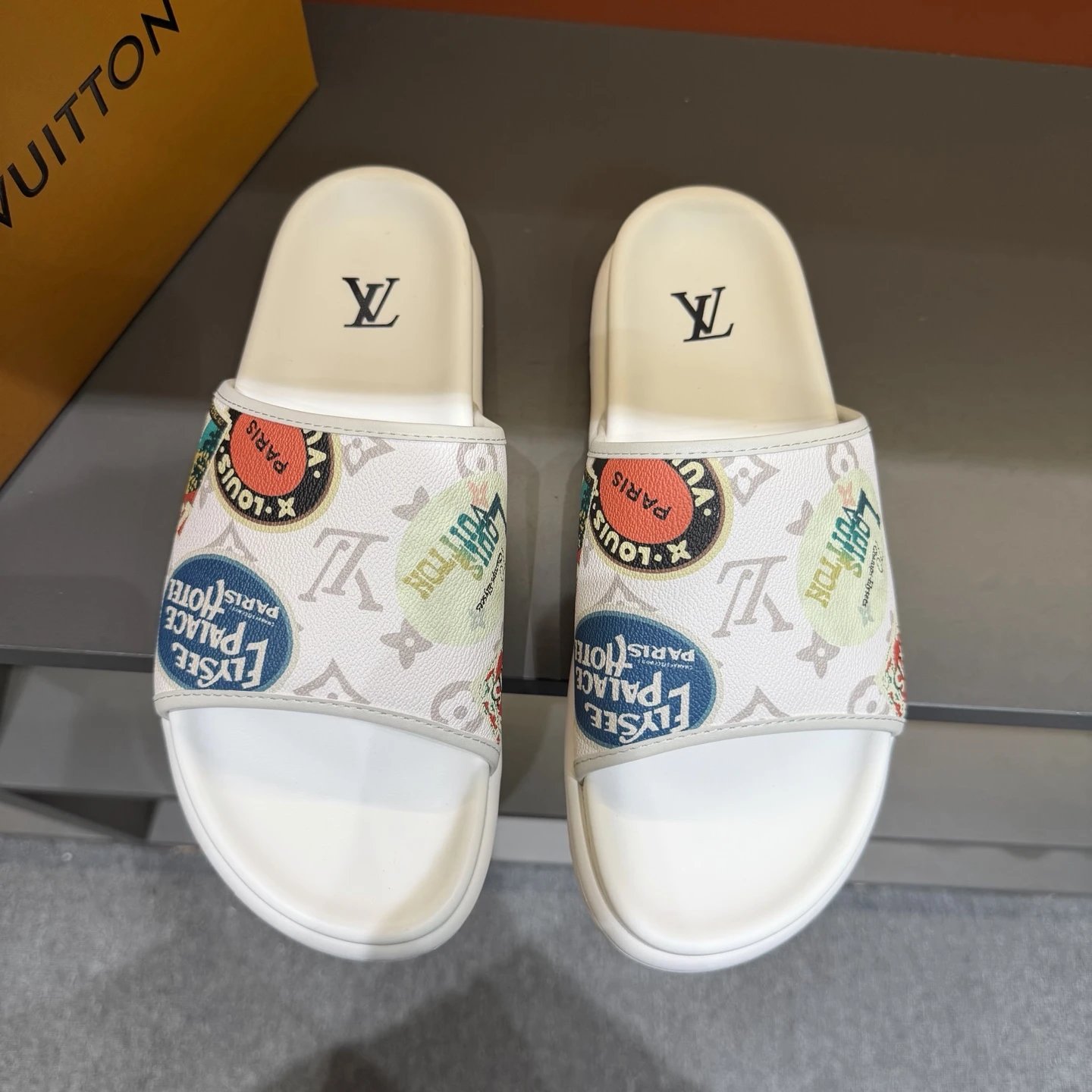 Louis Vuitton Postmark Print Trendy Style White Slippers