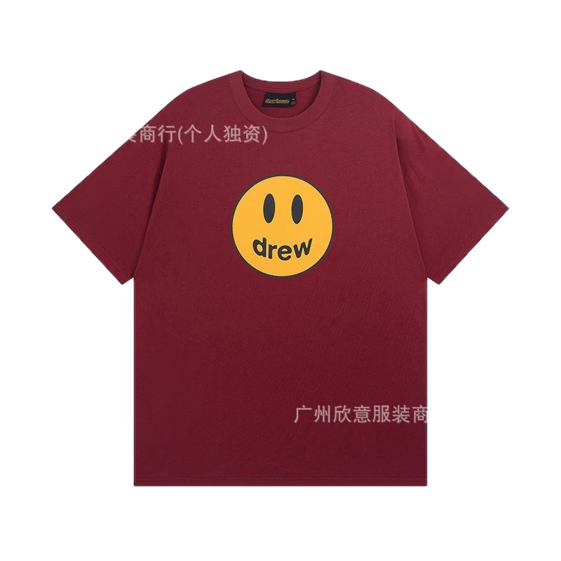 DREW Smiley Face Streetwear Style Burgundy Short Sleeve T-Shirt