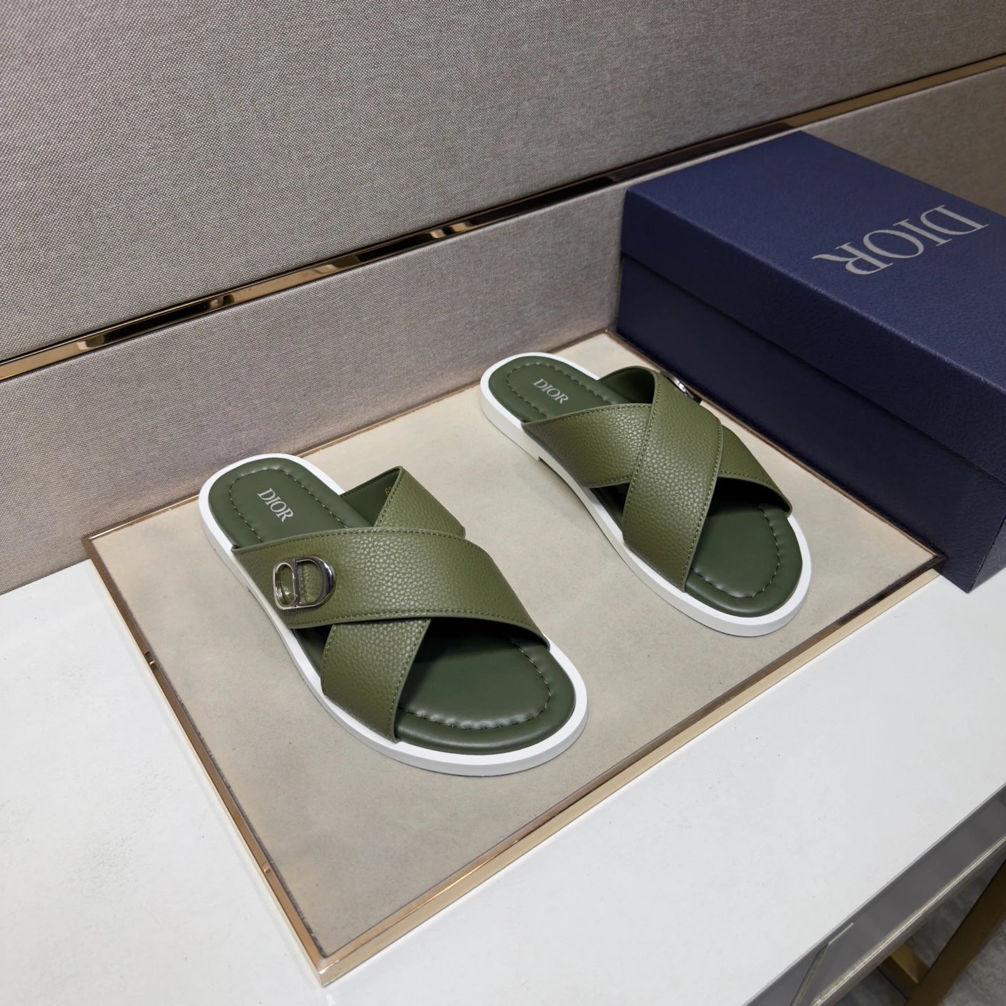 Dior Crisscross-strap Light Luxury Style Army Green Slides