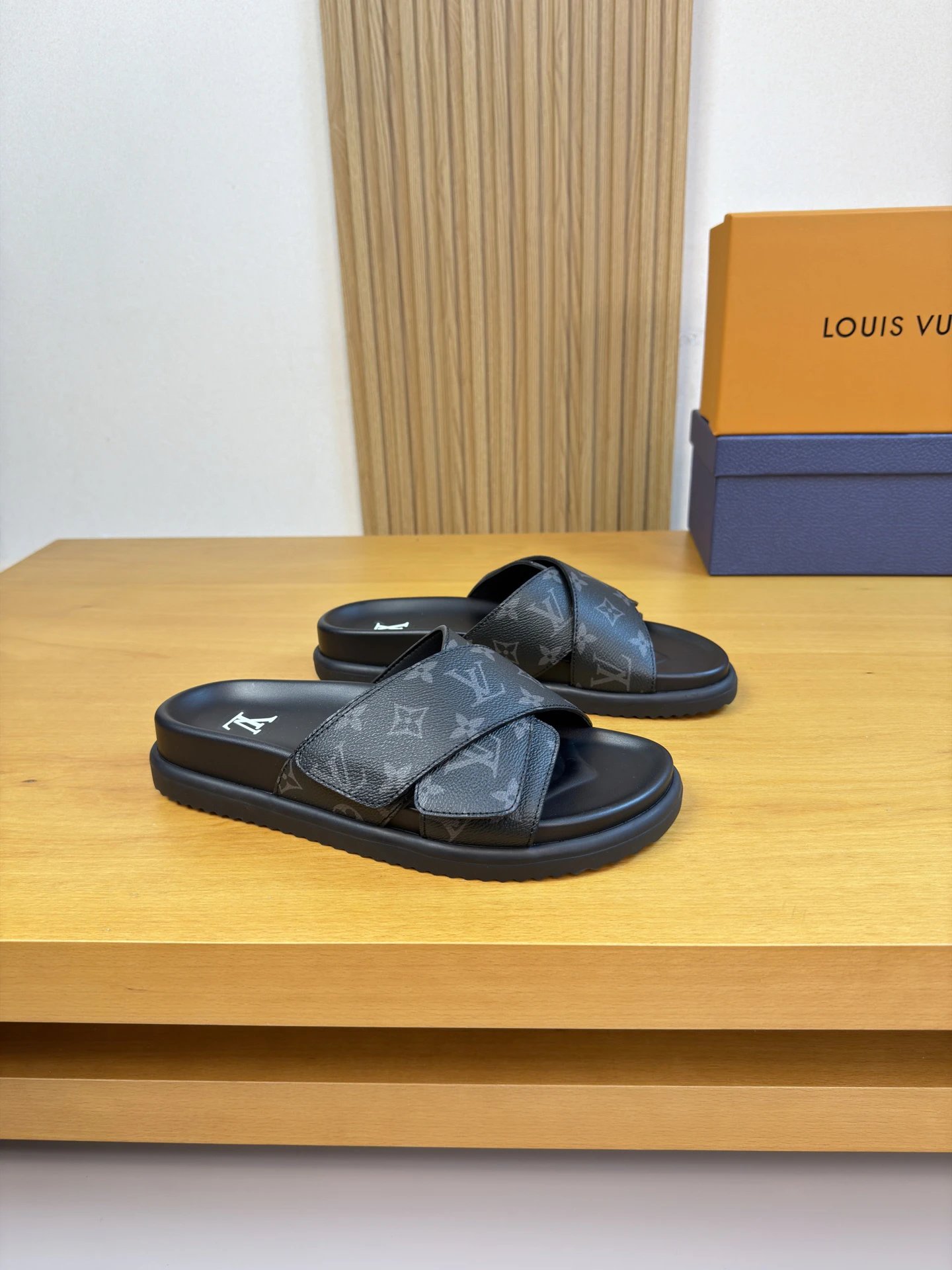 Louis Vuitton Monogram Casual Style Black and Grey Slide Sandals