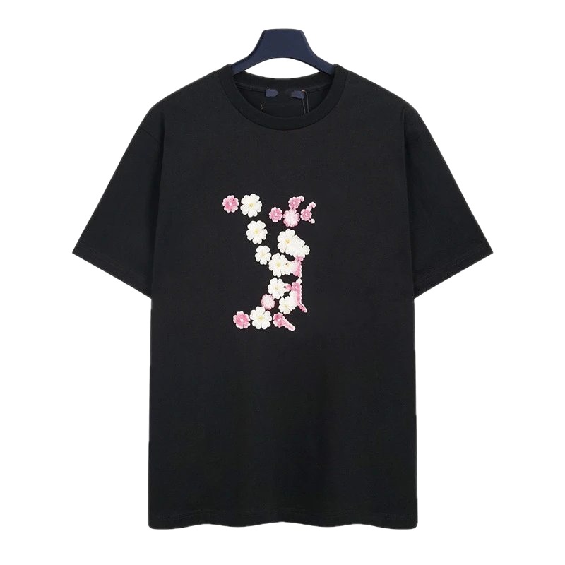 Louis Vuitton Floral Embroidered Casual Black Short-sleeved T-shirt