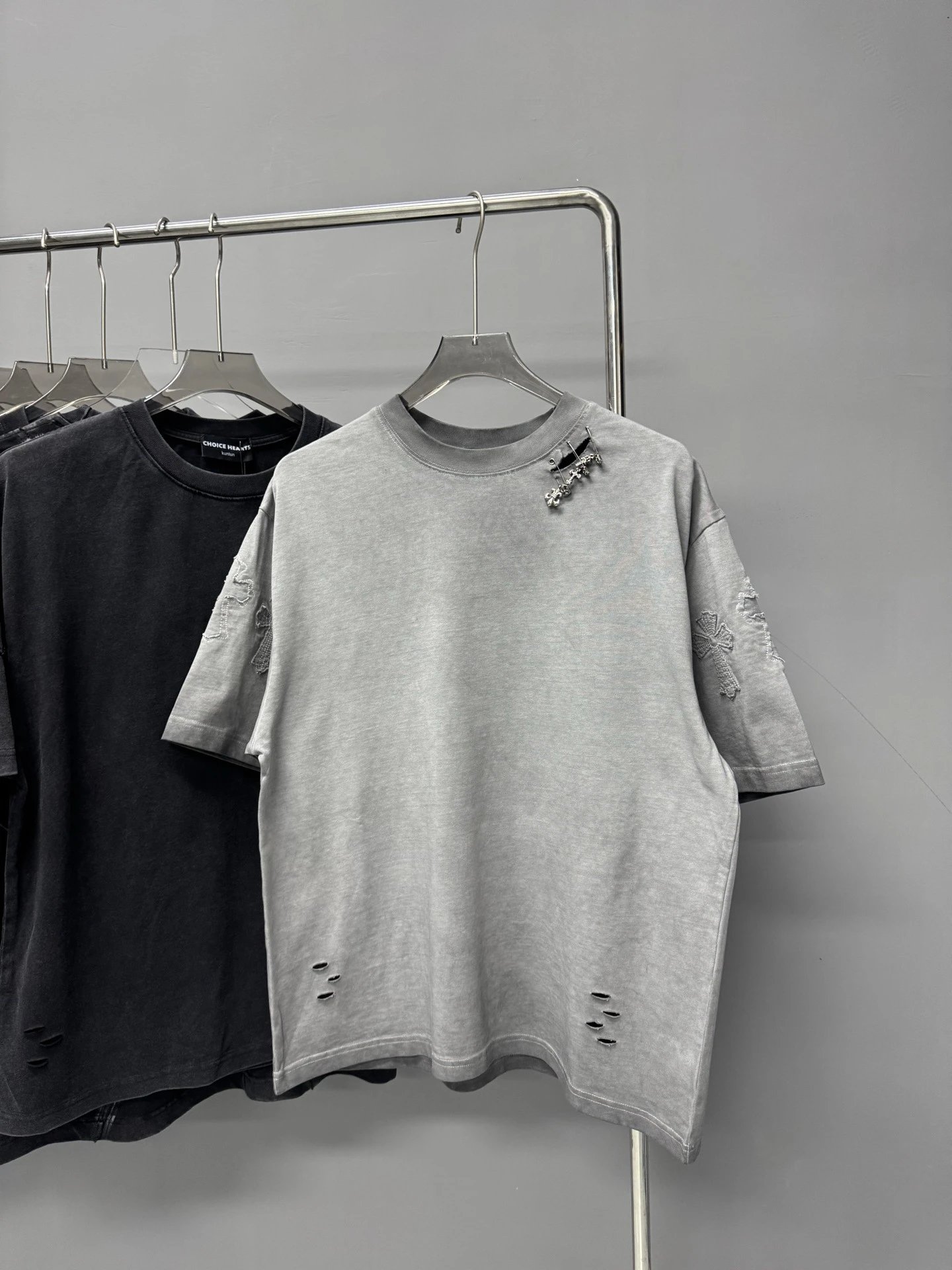 Chrome Hearts Cross Embroidered Street Style Gray Short-sleeve T-shirt