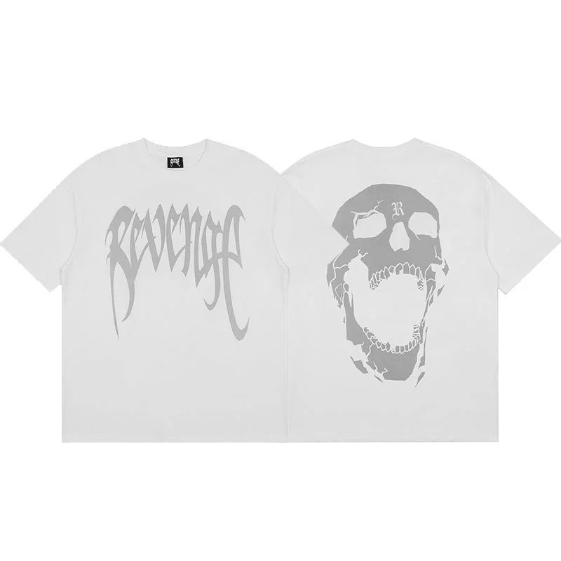 Revenge White Skull Graphic T-Shirt Relaxed Styling