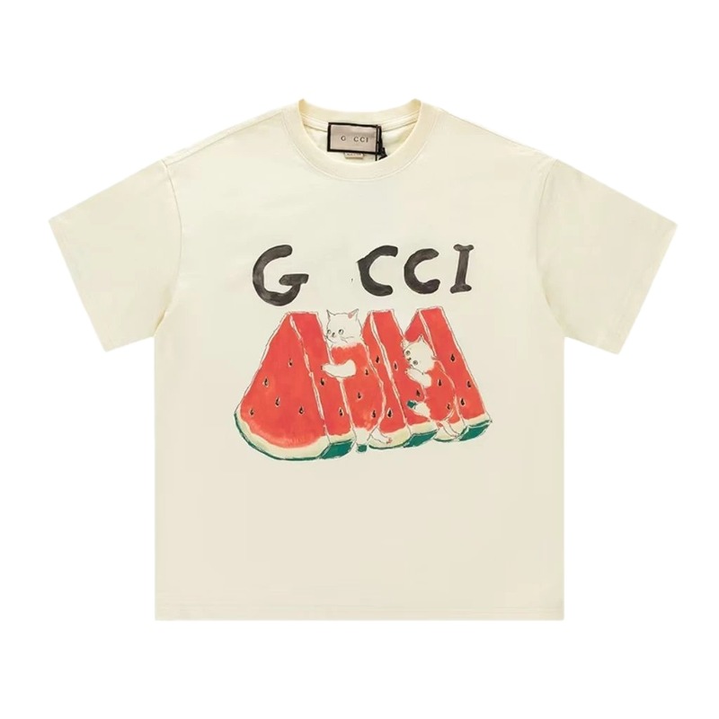 Gucci Cat and Watermelon Printed Off-white Casual T-Shirt