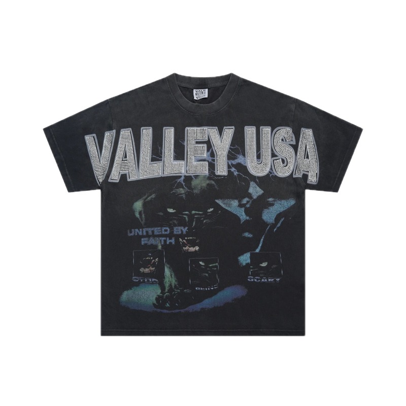 Valley USA Hot-Fix Rhinestone Street Style Black T-Shirt