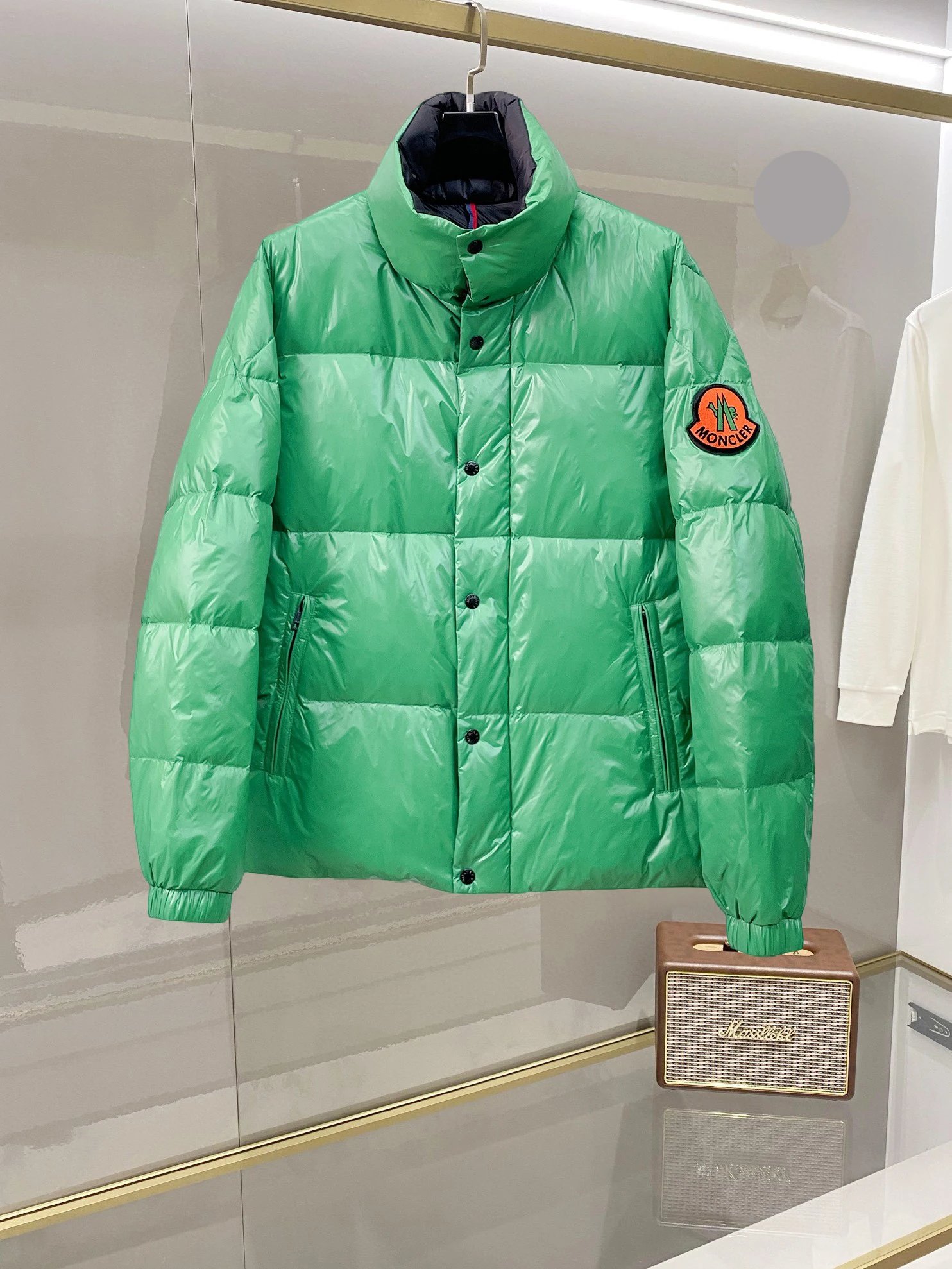 Moncler Hooded Puffer Jacket with Bright Green Hooded Badge