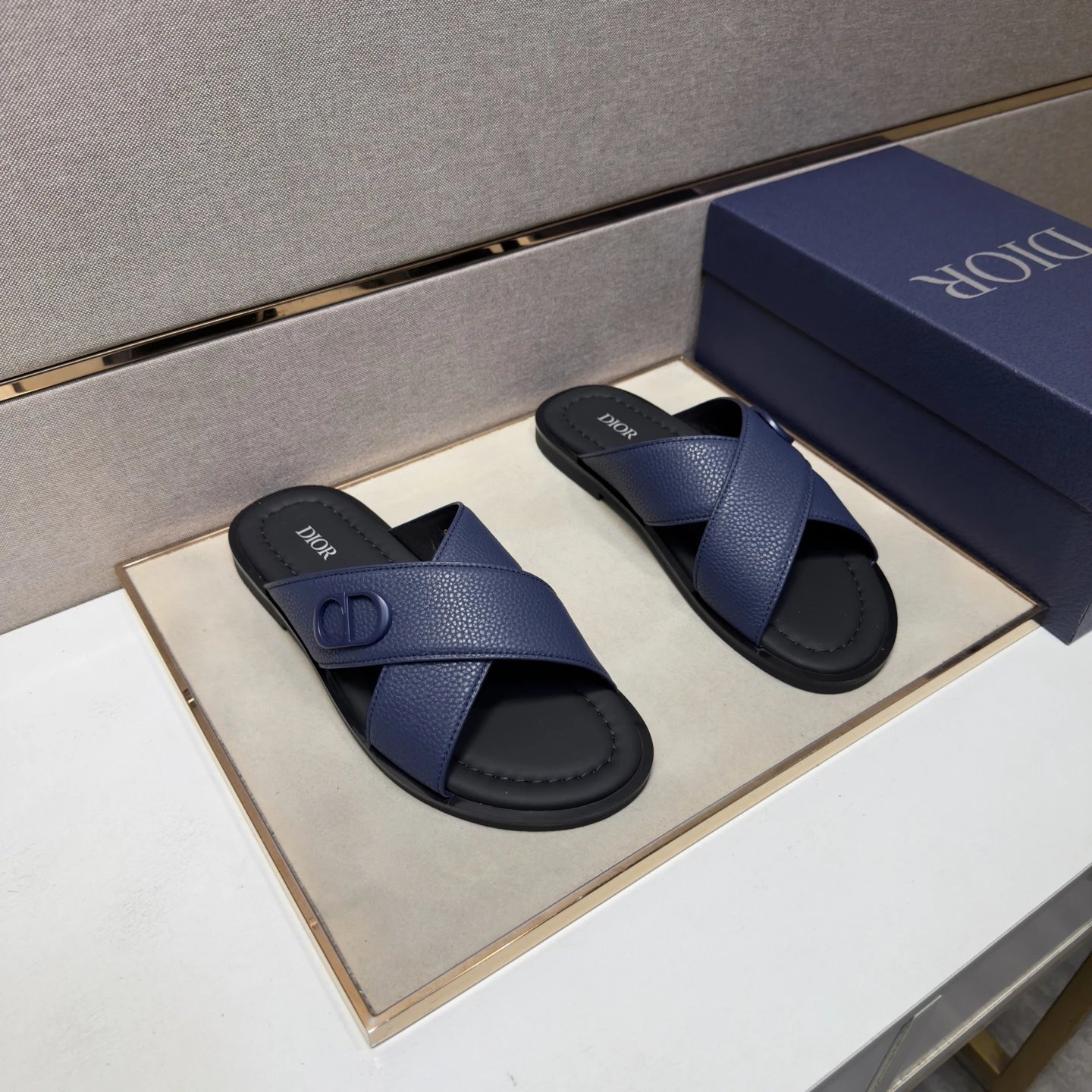 Dior Light Luxury Style Dark Blue Men's Slides