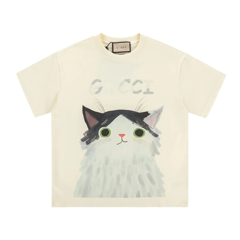 Gucci Cat-Print Casual Off-white Short-sleeve T-shirt