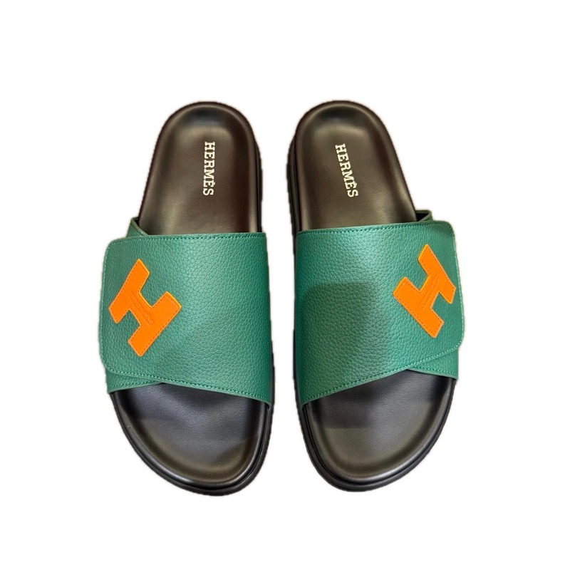 Hermès H Collection Casual Style Green & Orange Color-block Slide Sandals
