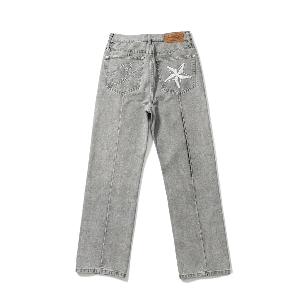 Corteiz Star Embroidered Light Grey Jeans