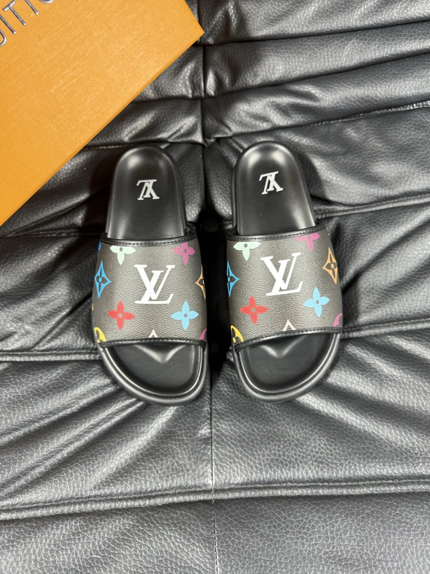 Louis Vuitton Monogram Street-style Black-based Multicolor Slide Sandals