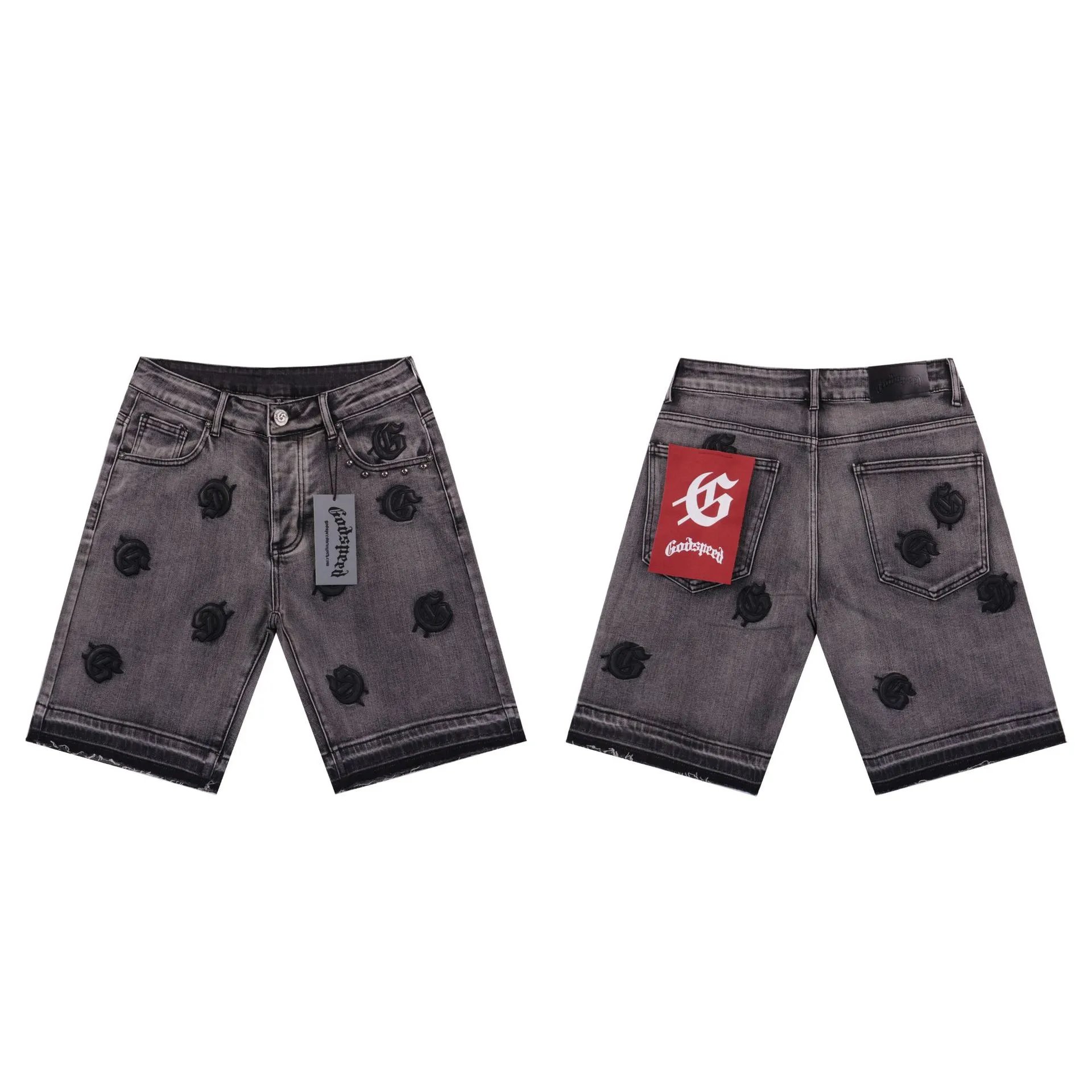 Godspeed Embroidered Street Style Ash Denim Shorts