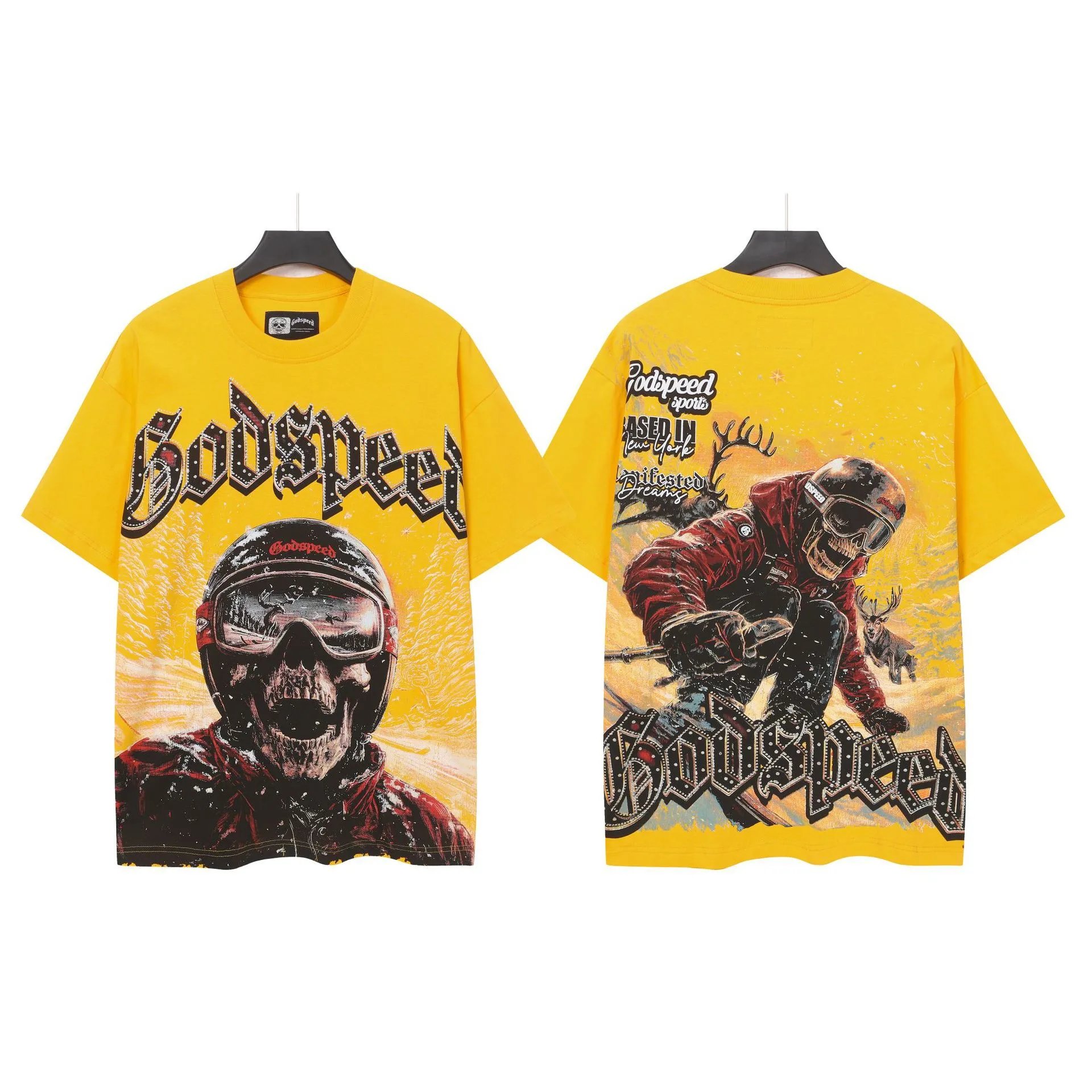 Godspeed Skull Skiing American Retro Yellow T-Shirt
