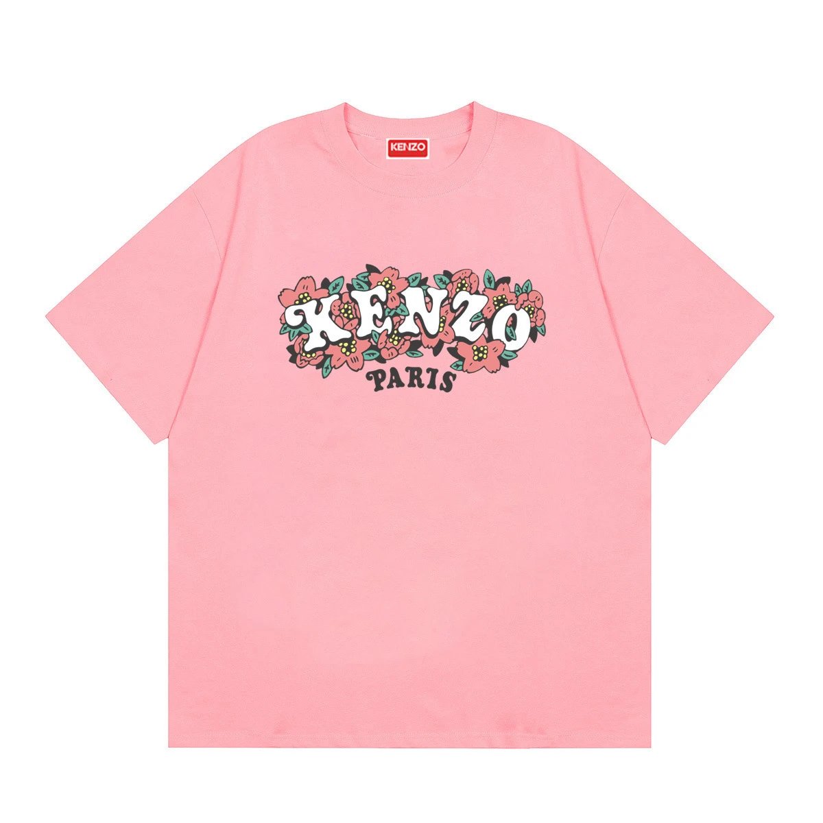 KENZO Trendy Pink Floral Print Short Sleeve T-shirt