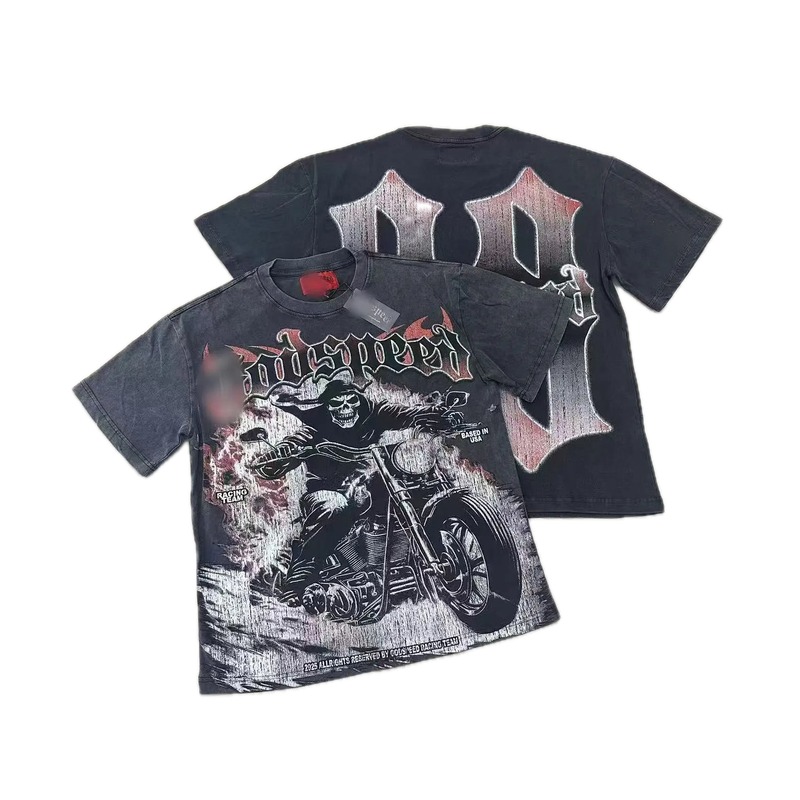 Godspeed Motorcycle Series Dark Style Washed Black Short Sleeve T-shirt
