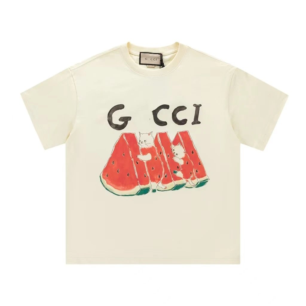 Gucci Cat and Watermelon Printed Off-white Casual T-Shirt