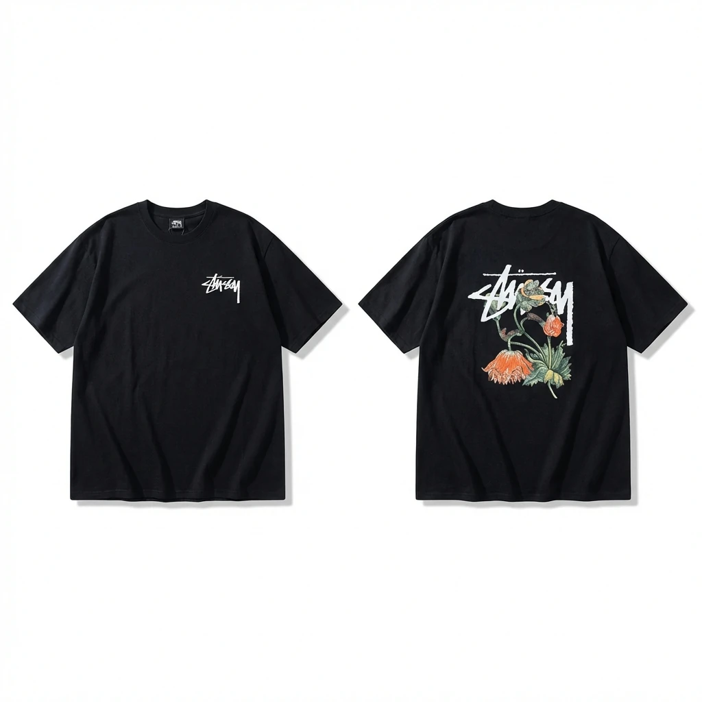 Stussy floral-style black T-shirt