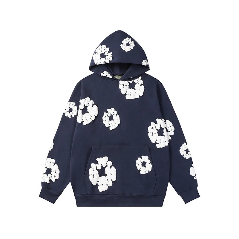 Dark Navy Flower Pattern Hoodie