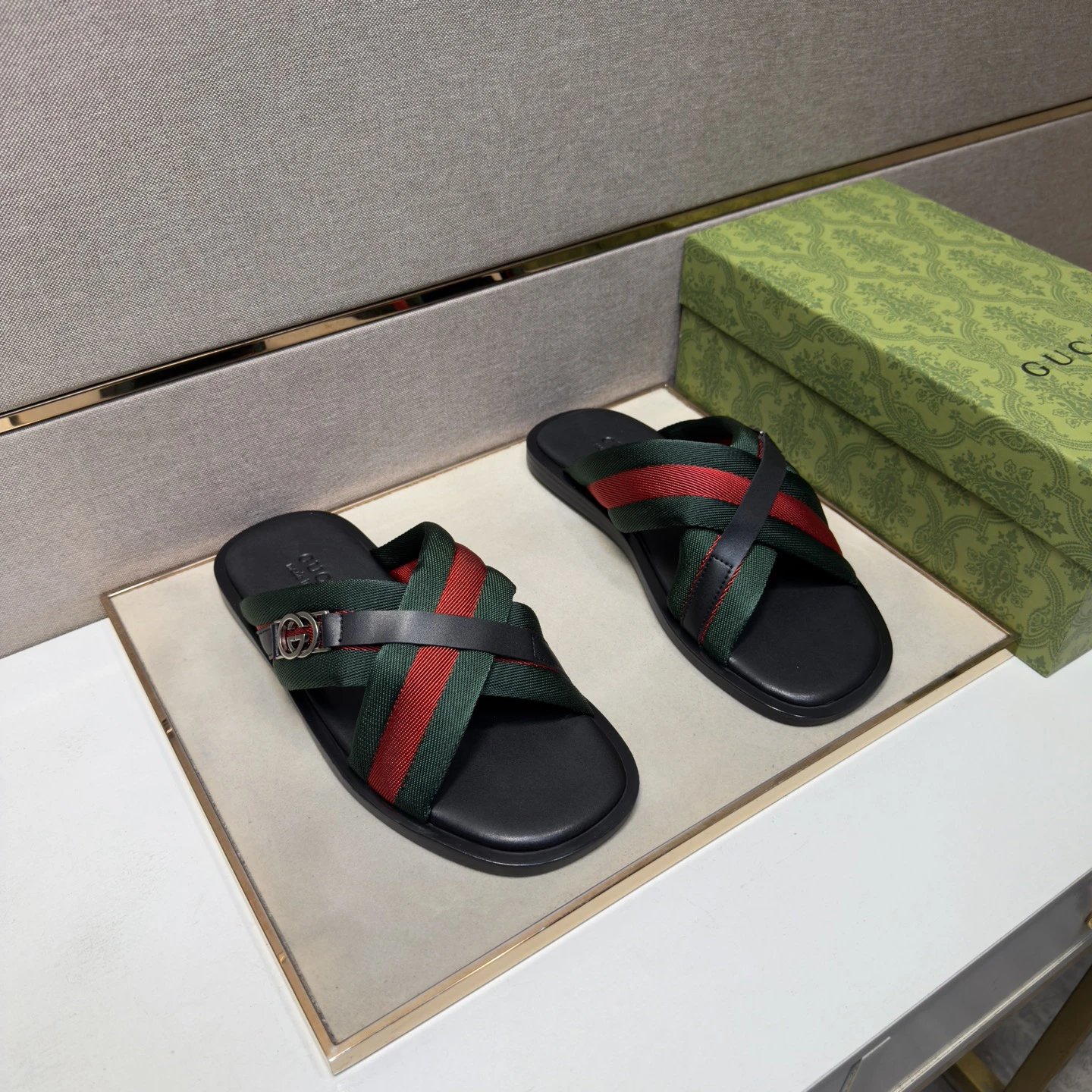 Gucci Interlocking G Webbing Casual Red and Green Slide Sandals